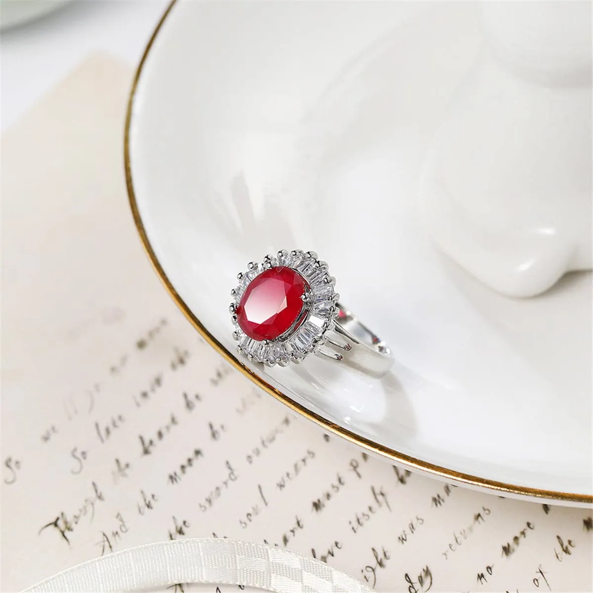 Red Cubic Zirconia & Crystal Baguette Halo Ring