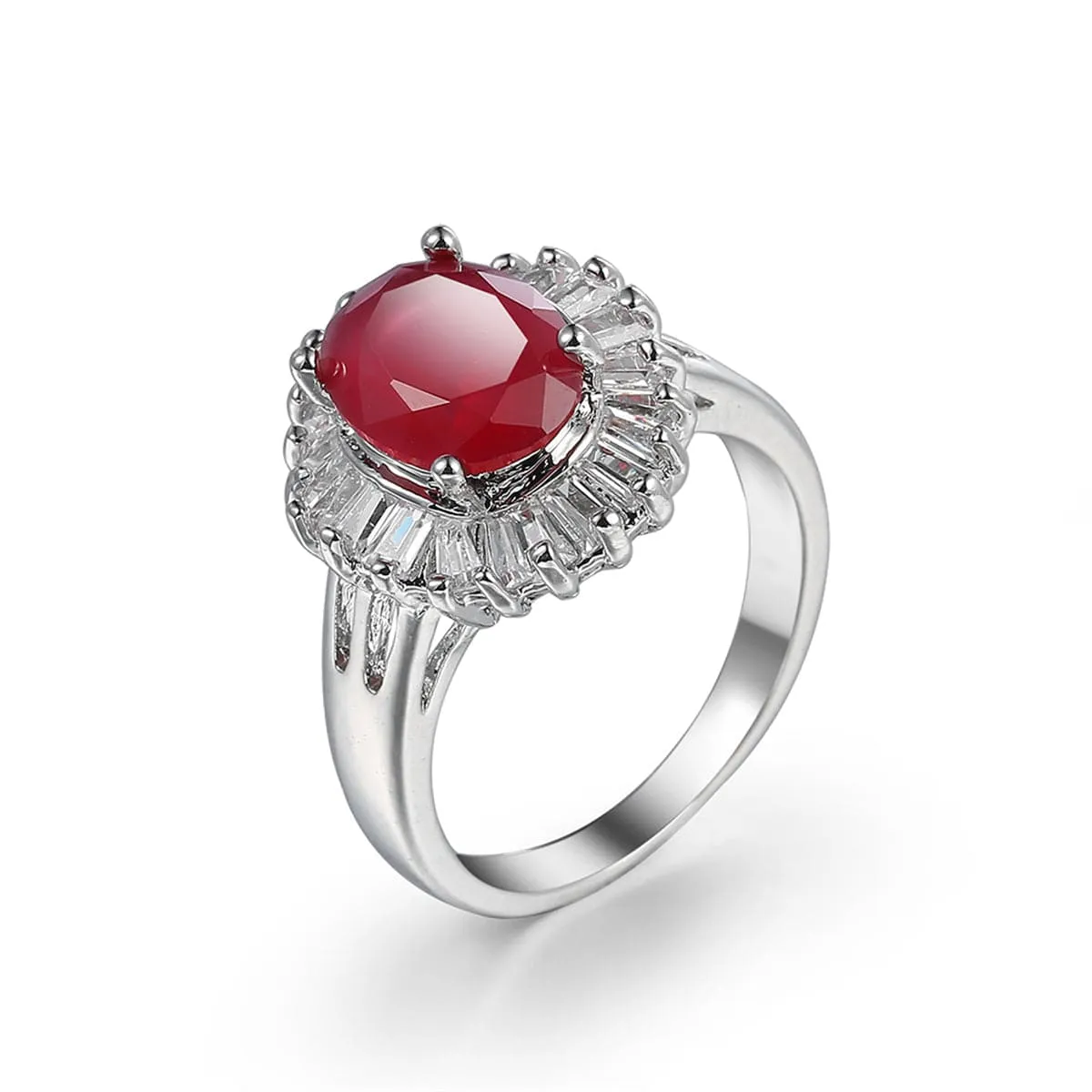Red Cubic Zirconia & Crystal Baguette Halo Ring