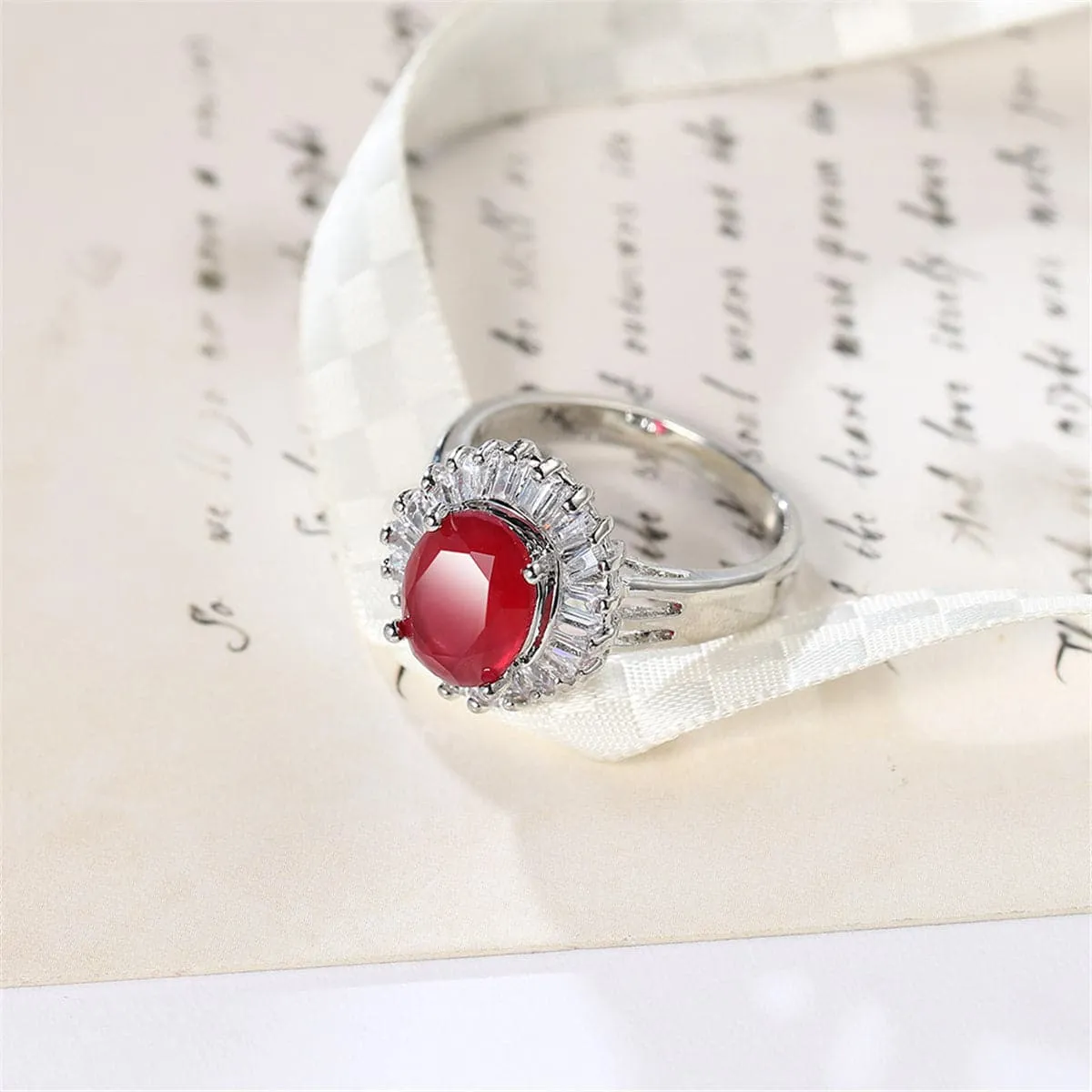 Red Cubic Zirconia & Crystal Baguette Halo Ring