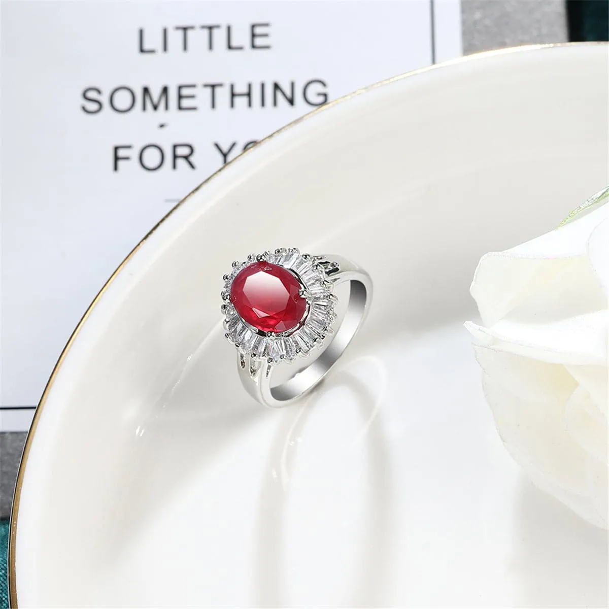 Red Cubic Zirconia & Crystal Baguette Halo Ring