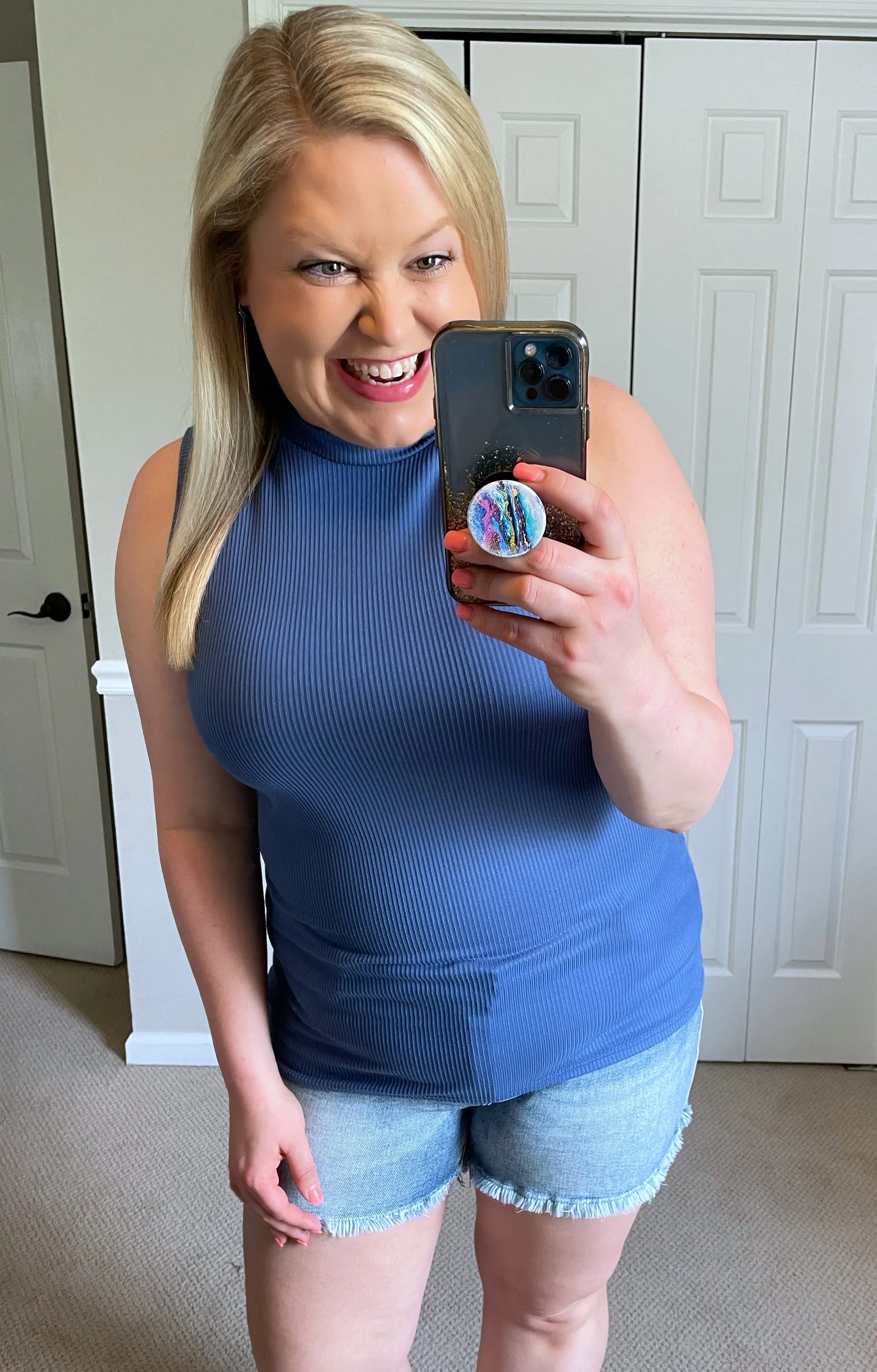 Ribbed Mock Neck Tank in Denim Blue