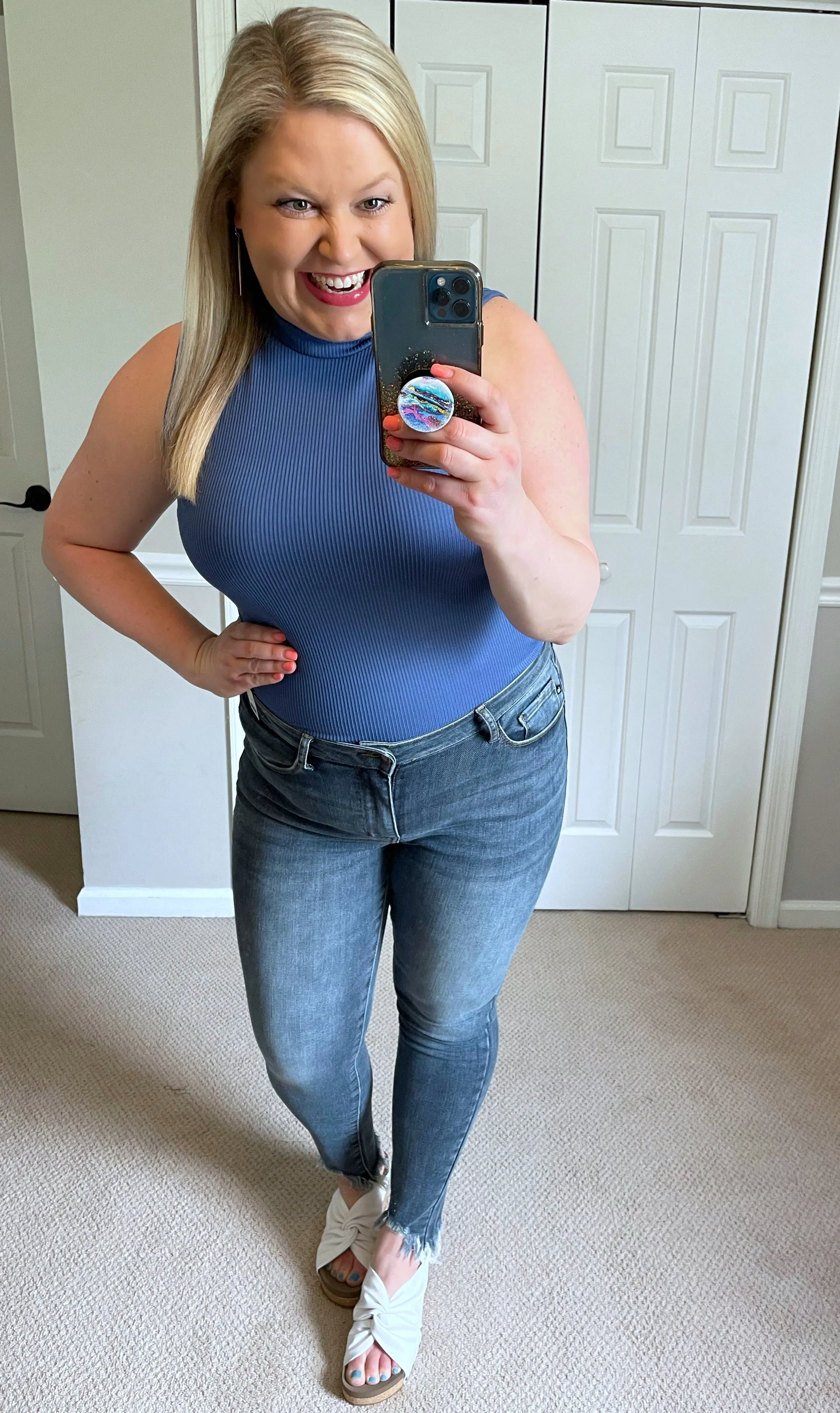 Ribbed Mock Neck Tank in Denim Blue