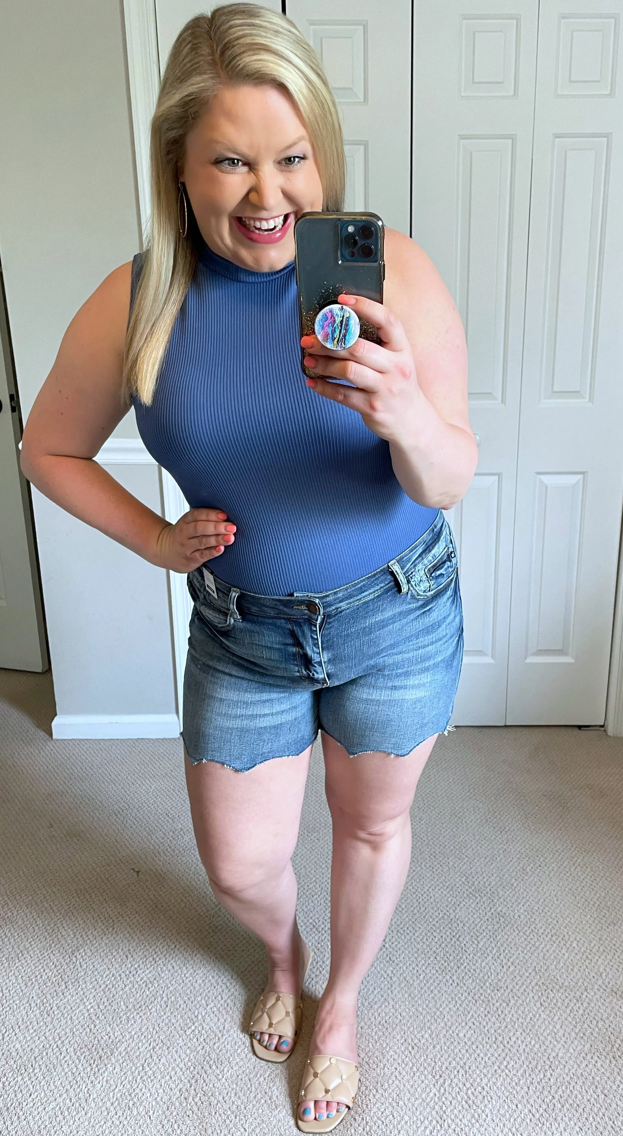Ribbed Mock Neck Tank in Denim Blue