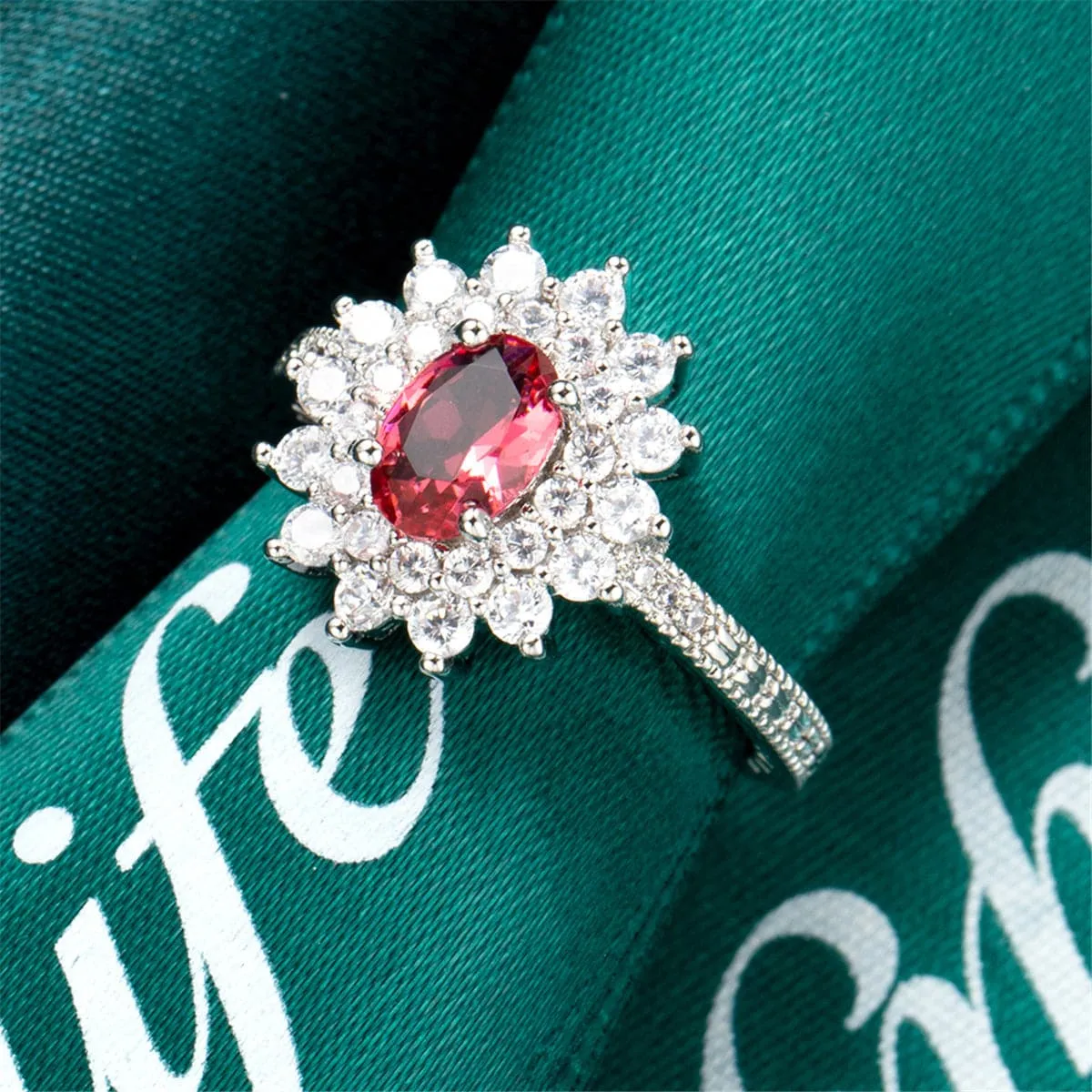 Rose Crystal & Cubic Zirconia Oval Flower Band Ring