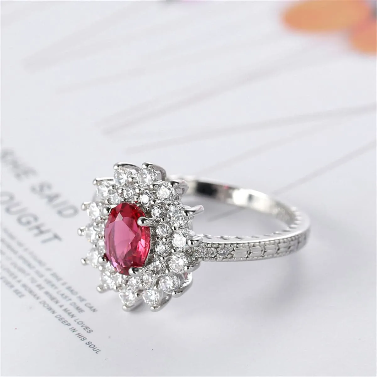 Rose Crystal & Cubic Zirconia Oval Flower Band Ring