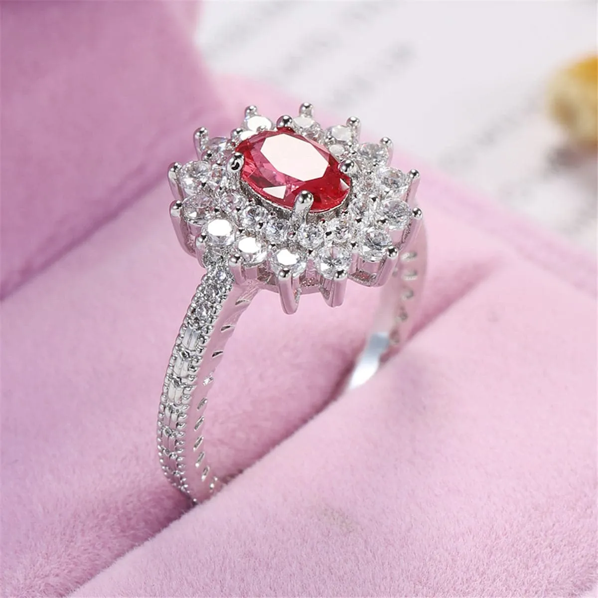 Rose Crystal & Cubic Zirconia Oval Flower Band Ring