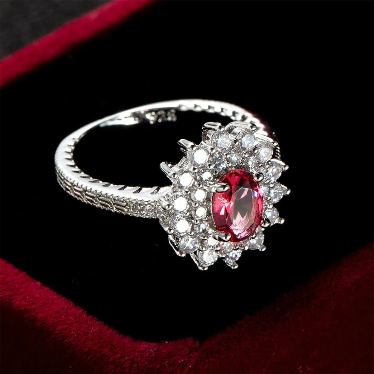 Rose Crystal & Cubic Zirconia Oval Flower Band Ring