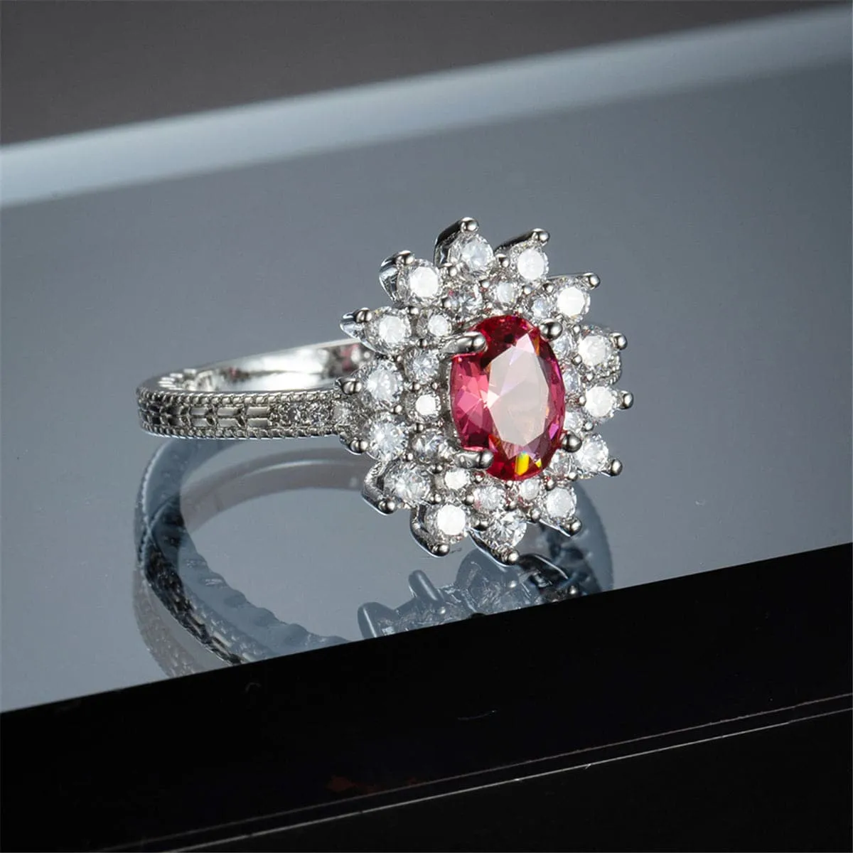 Rose Crystal & Cubic Zirconia Oval Flower Band Ring