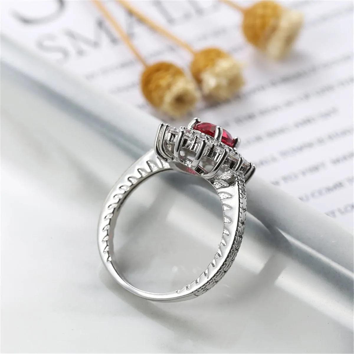Rose Crystal & Cubic Zirconia Oval Flower Band Ring
