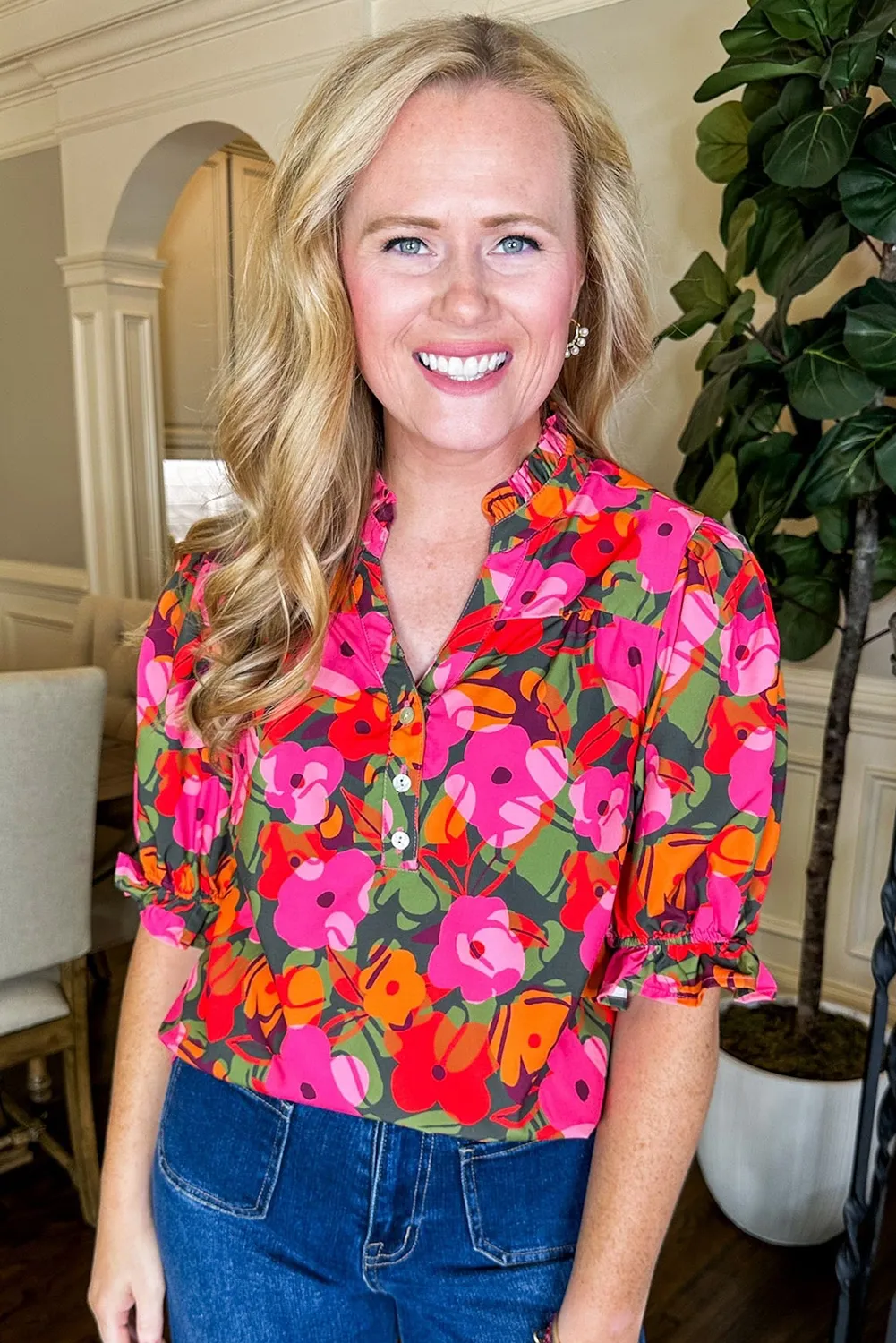 Rose Flower Frilled V Neck Ruffled Puff Sleeve Blouse