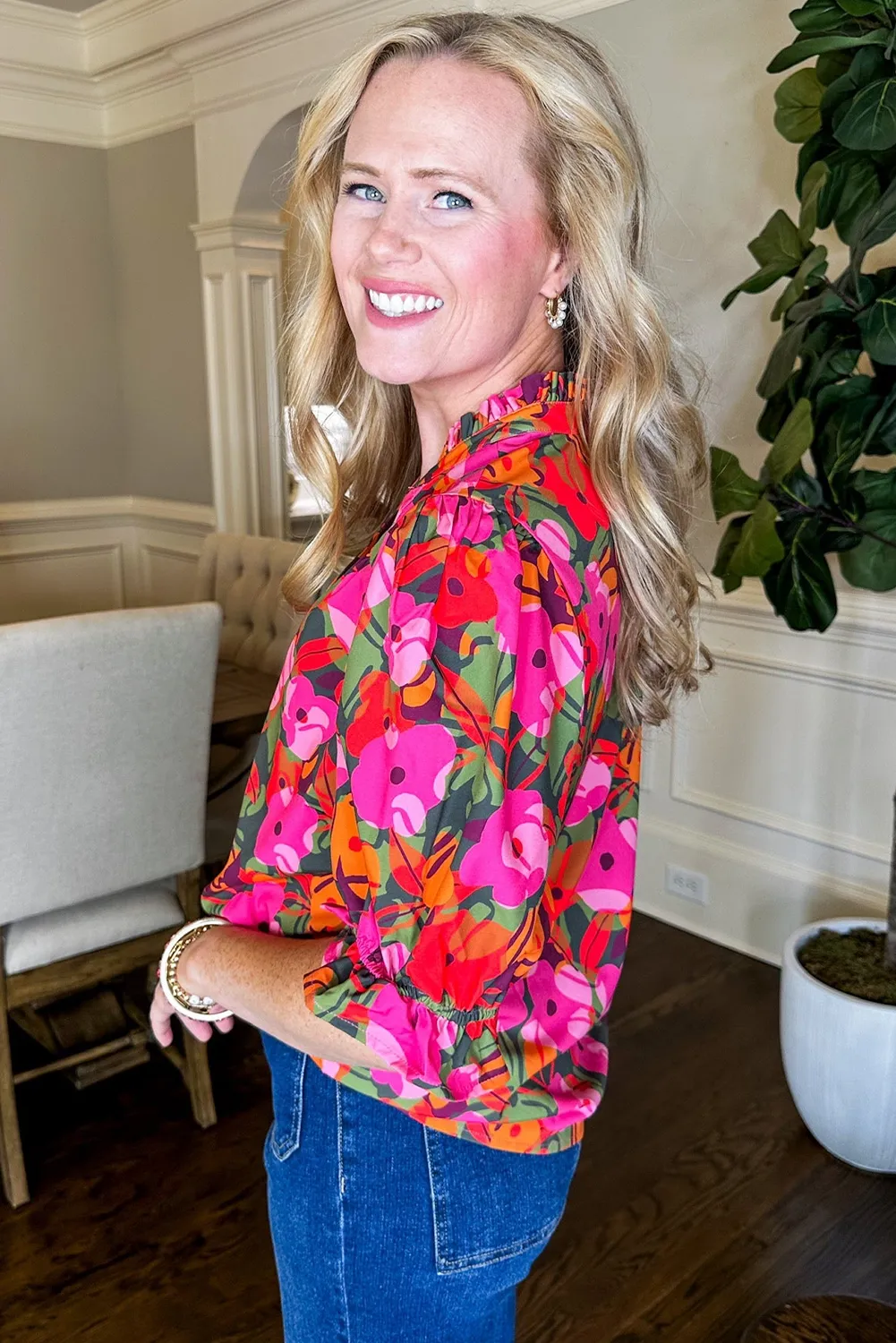 Rose Flower Frilled V Neck Ruffled Puff Sleeve Blouse