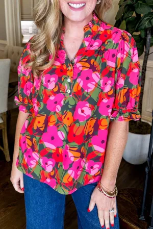 Rose Flower Frilled V Neck Ruffled Puff Sleeve Blouse