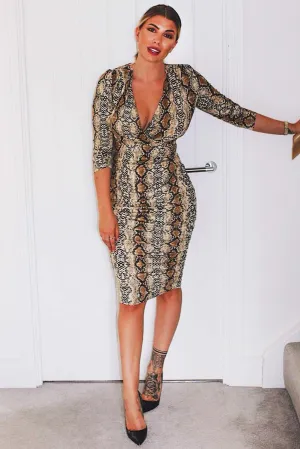 Ruched Snakeskin Slinky Wrap Dress