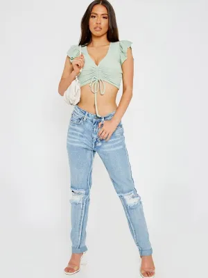 Sage Green Cap Sleeve Ruched Front Ribbed Crop Top