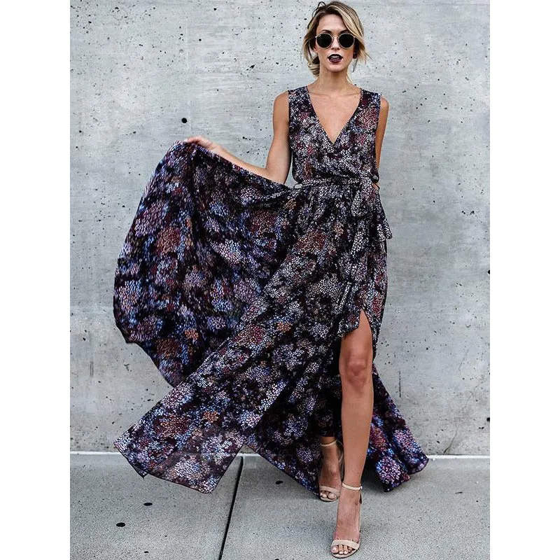 Sexy Bohemia Sleeveless V-neck Belted Maxi Dress