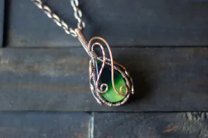 Shades of Green Fused Glass and Copper Wire Pendant