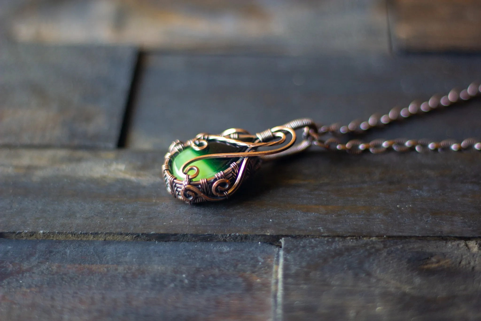 Shades of Green Fused Glass and Copper Wire Pendant