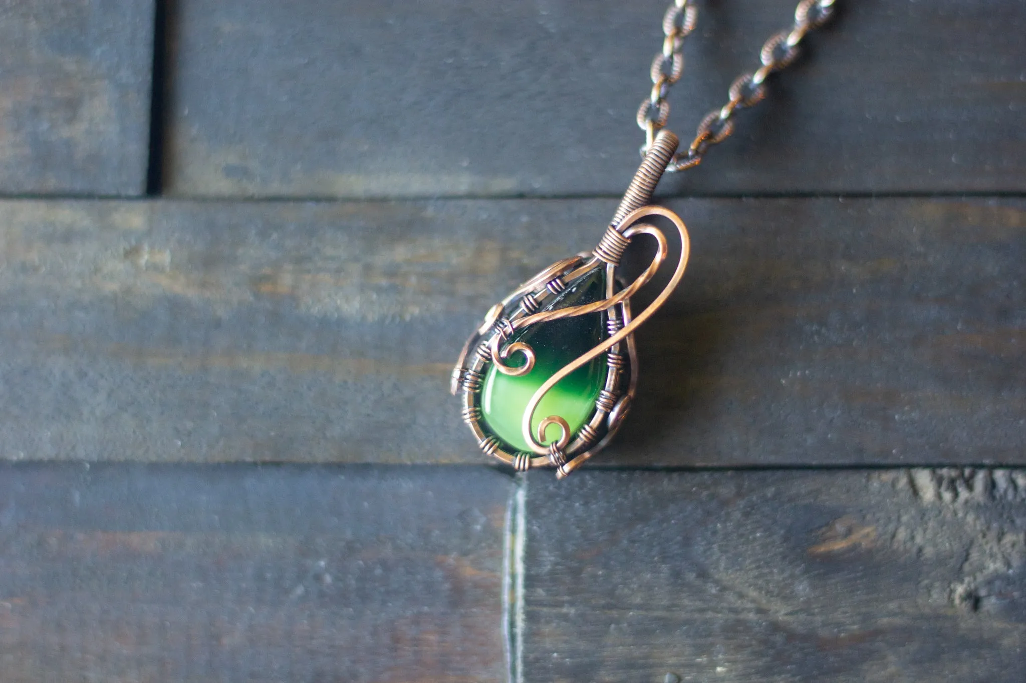 Shades of Green Fused Glass and Copper Wire Pendant