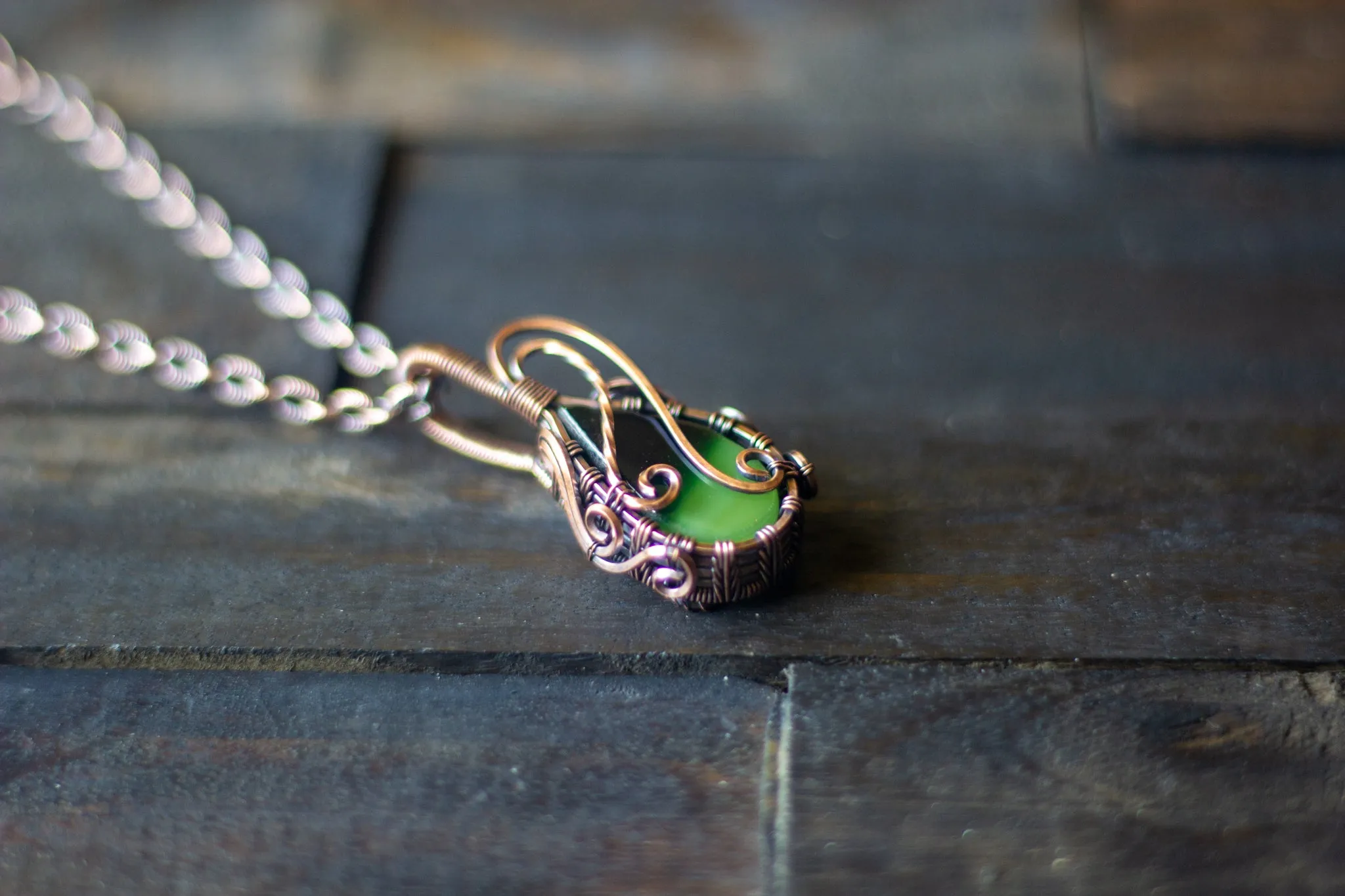 Shades of Green Fused Glass and Copper Wire Pendant