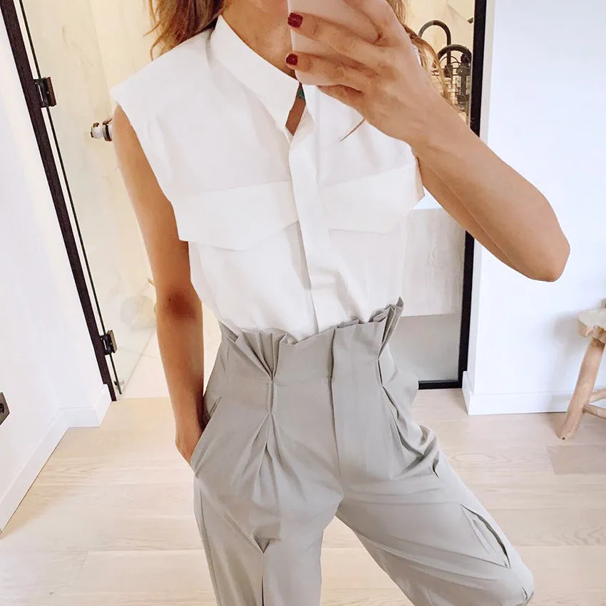 Shoulder Padded Single-breasted Shirt Pocket Tops