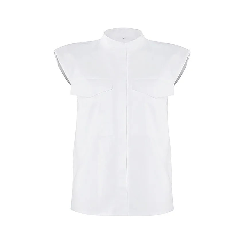 Shoulder Padded Single-breasted Shirt Pocket Tops