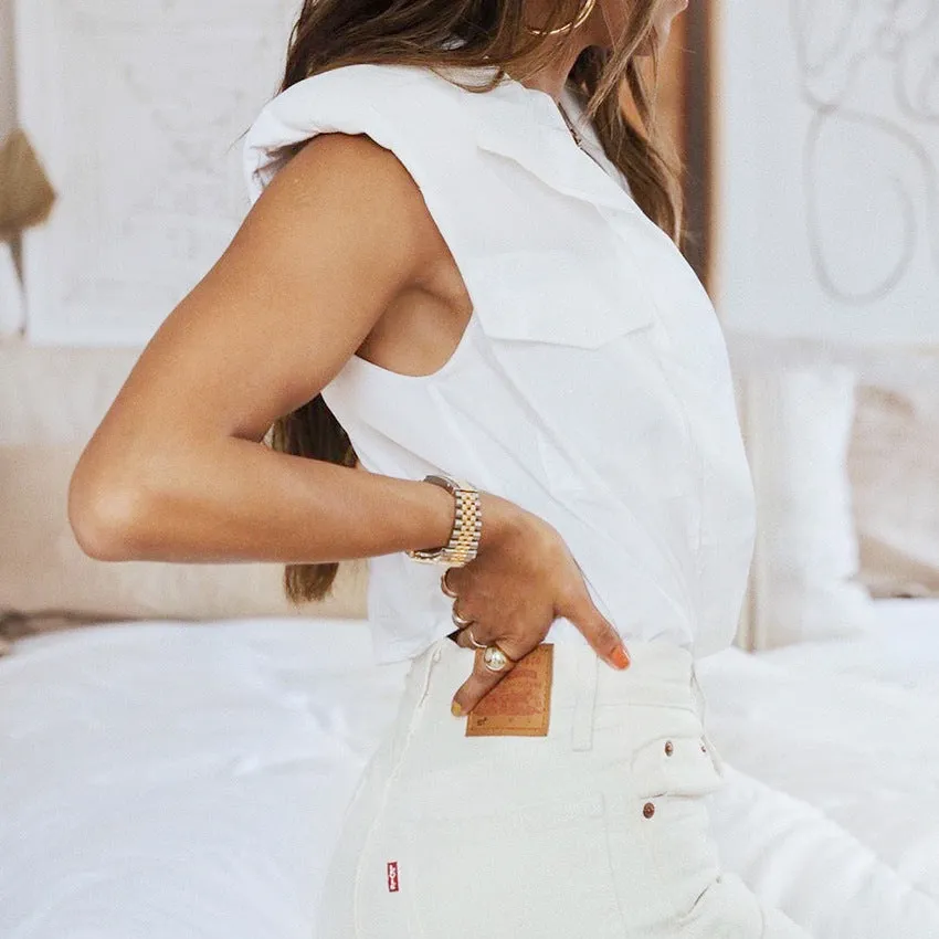 Shoulder Padded Single-breasted Shirt Pocket Tops