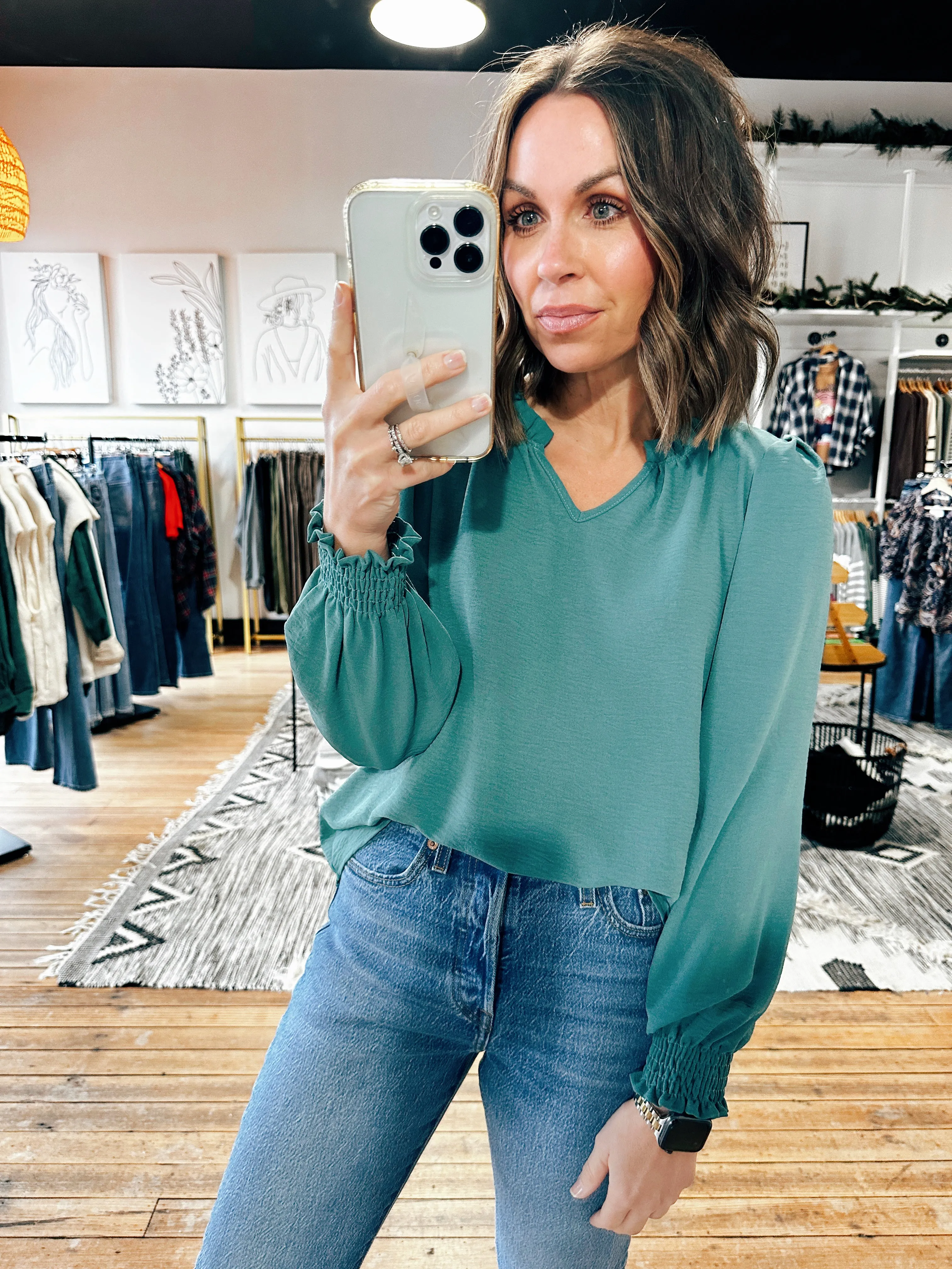 Sienna Ruffled V-Neck Smocked Sleeve Blouse - 4 Colors