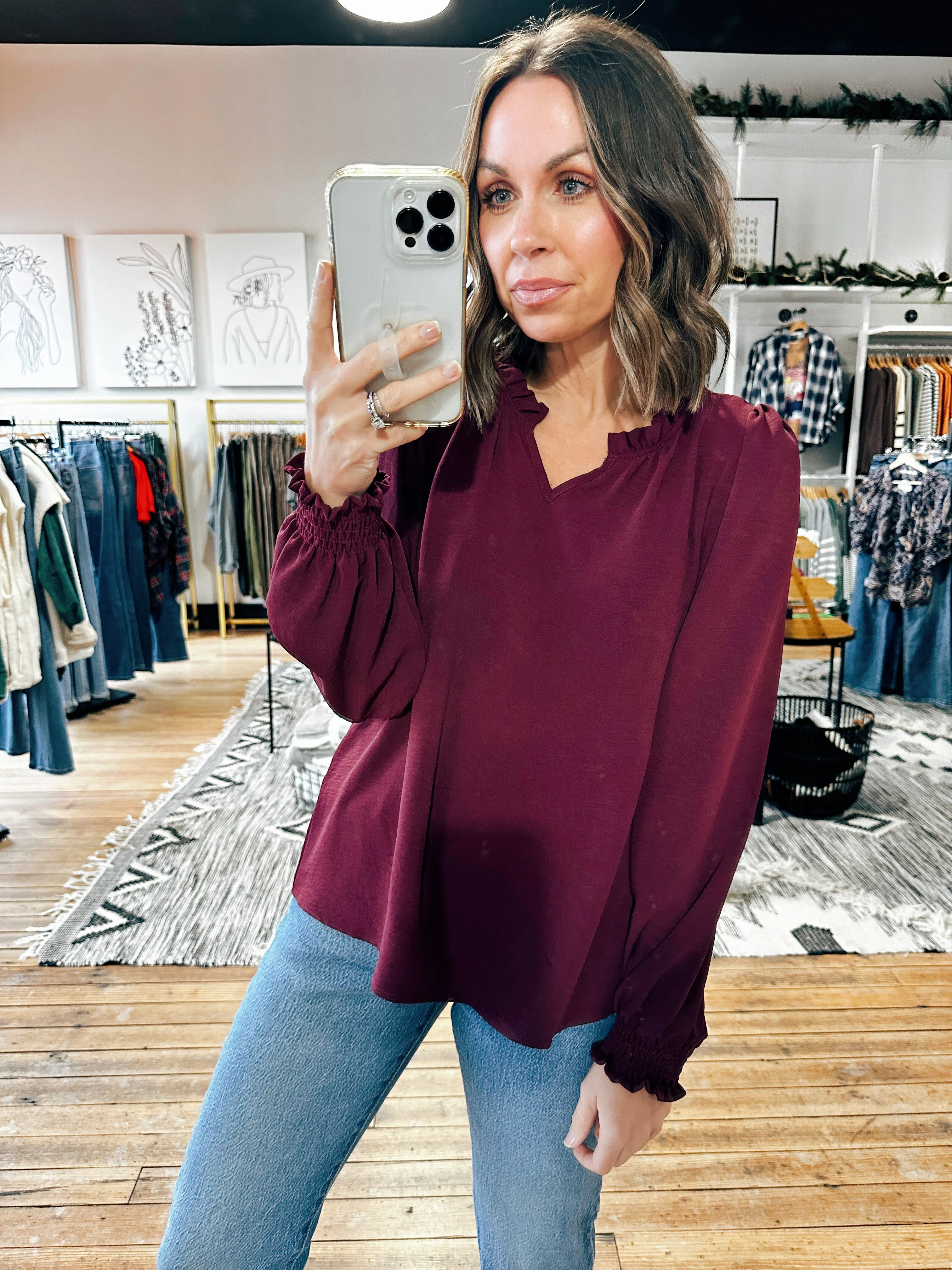 Sienna Ruffled V-Neck Smocked Sleeve Blouse - 4 Colors