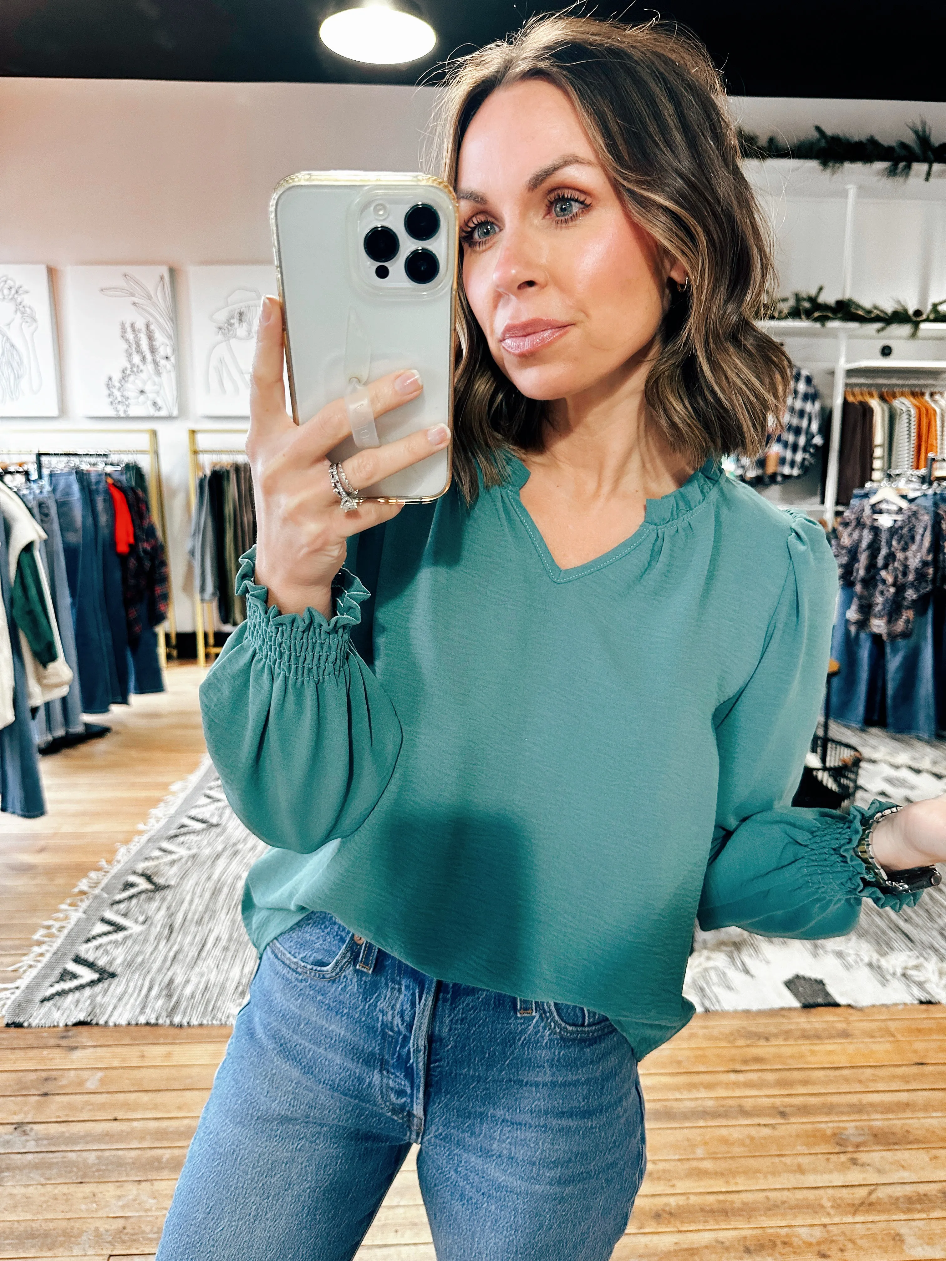 Sienna Ruffled V-Neck Smocked Sleeve Blouse - 4 Colors