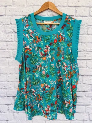 SKIES ARE BLUE Women Sleeveless Top Sz 3X Floral Print Mix Media Ruffle Blouse