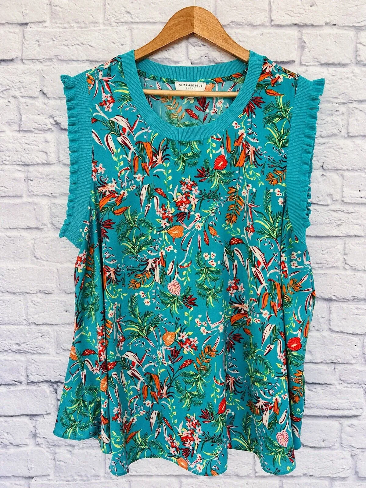 SKIES ARE BLUE Women Sleeveless Top Sz 3X Floral Print Mix Media Ruffle Blouse