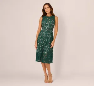 Sleeveless Lace Fit And Flare Dress With Sheer Details In Hunter
