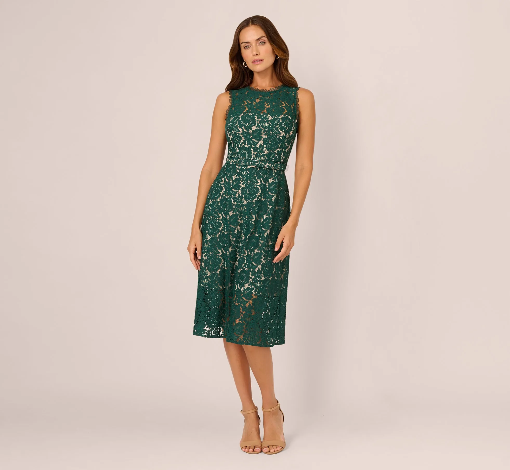 Sleeveless Lace Fit And Flare Dress With Sheer Details In Hunter