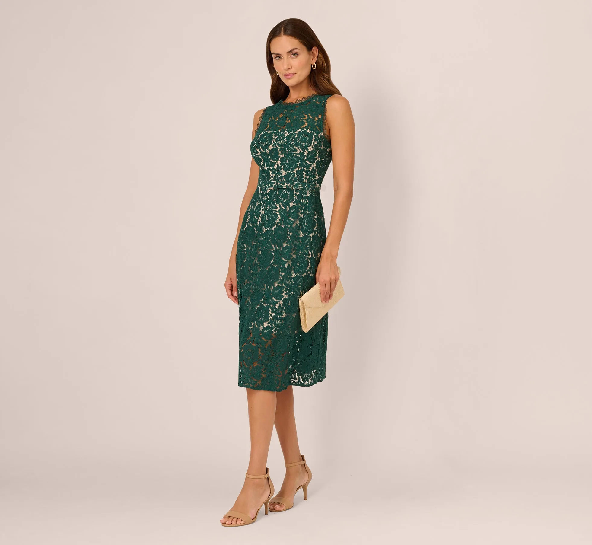Sleeveless Lace Fit And Flare Dress With Sheer Details In Hunter