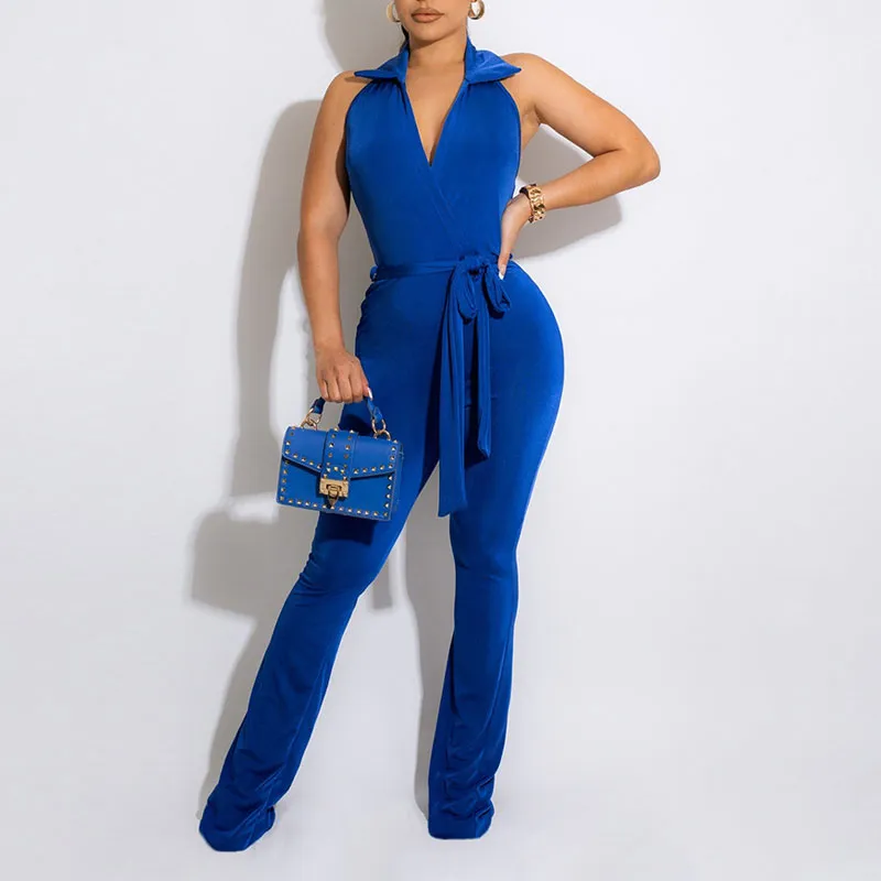 Solid Deep V-Neck Halter Backless Belted Jumpsuit
