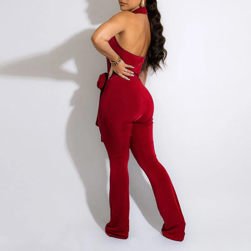 Solid Deep V-Neck Halter Backless Belted Jumpsuit