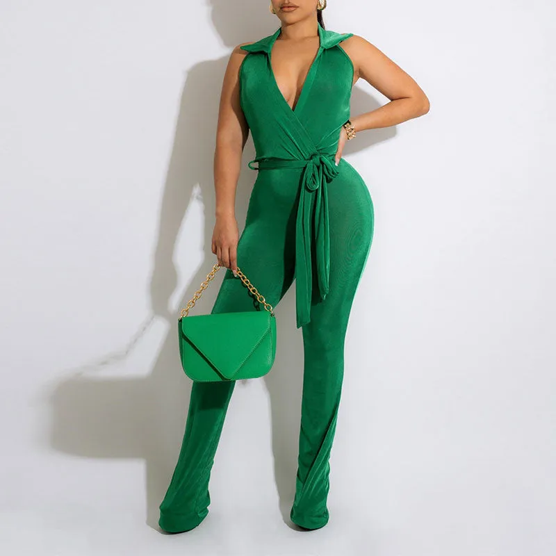 Solid Deep V-Neck Halter Backless Belted Jumpsuit