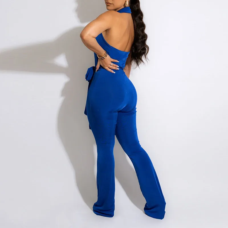 Solid Deep V-Neck Halter Backless Belted Jumpsuit