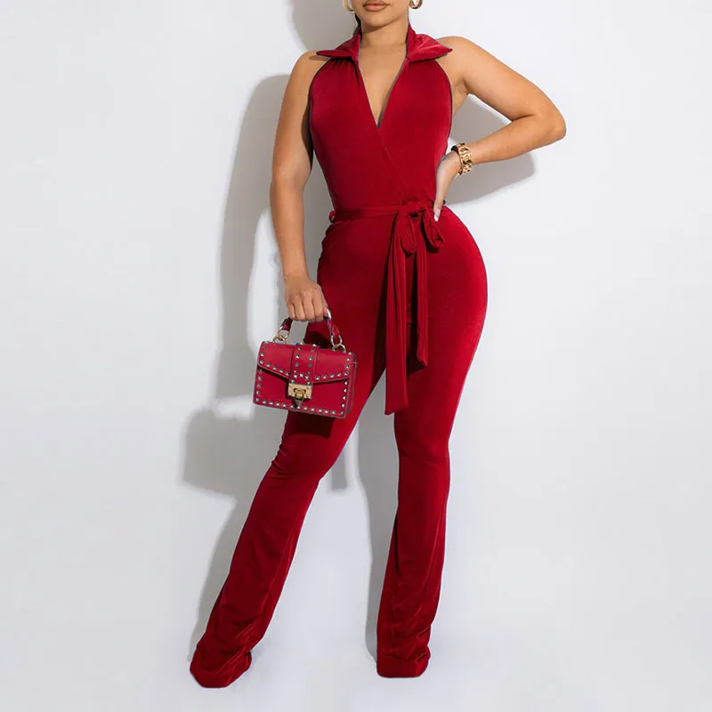 Solid Deep V-Neck Halter Backless Belted Jumpsuit