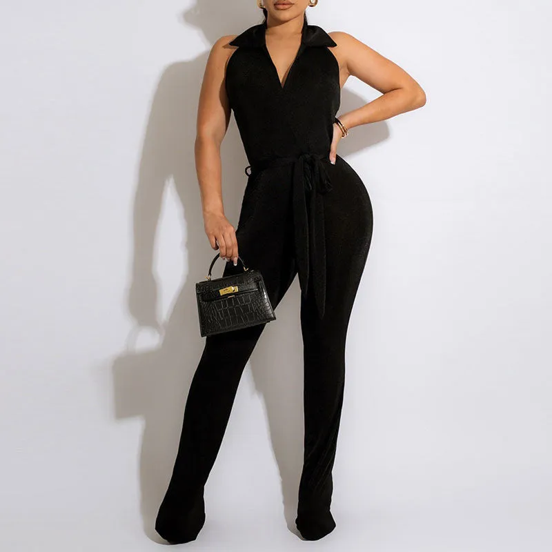 Solid Deep V-Neck Halter Backless Belted Jumpsuit