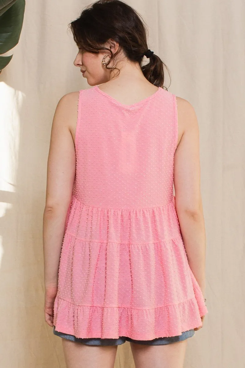 Solid Dotted Knit Sleeveless Babydoll Tank Top