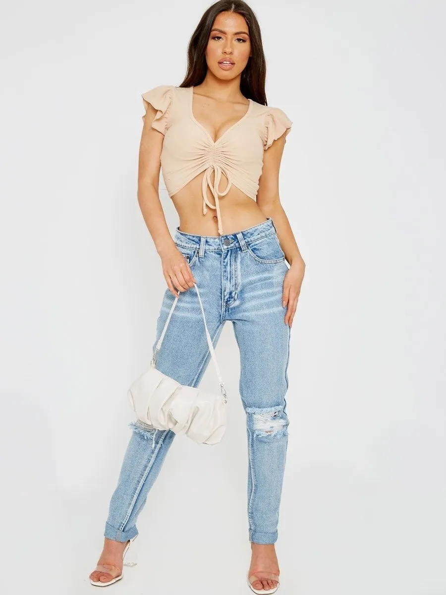 Stone Cap Sleeve Ruched Front Ribbed Crop Top