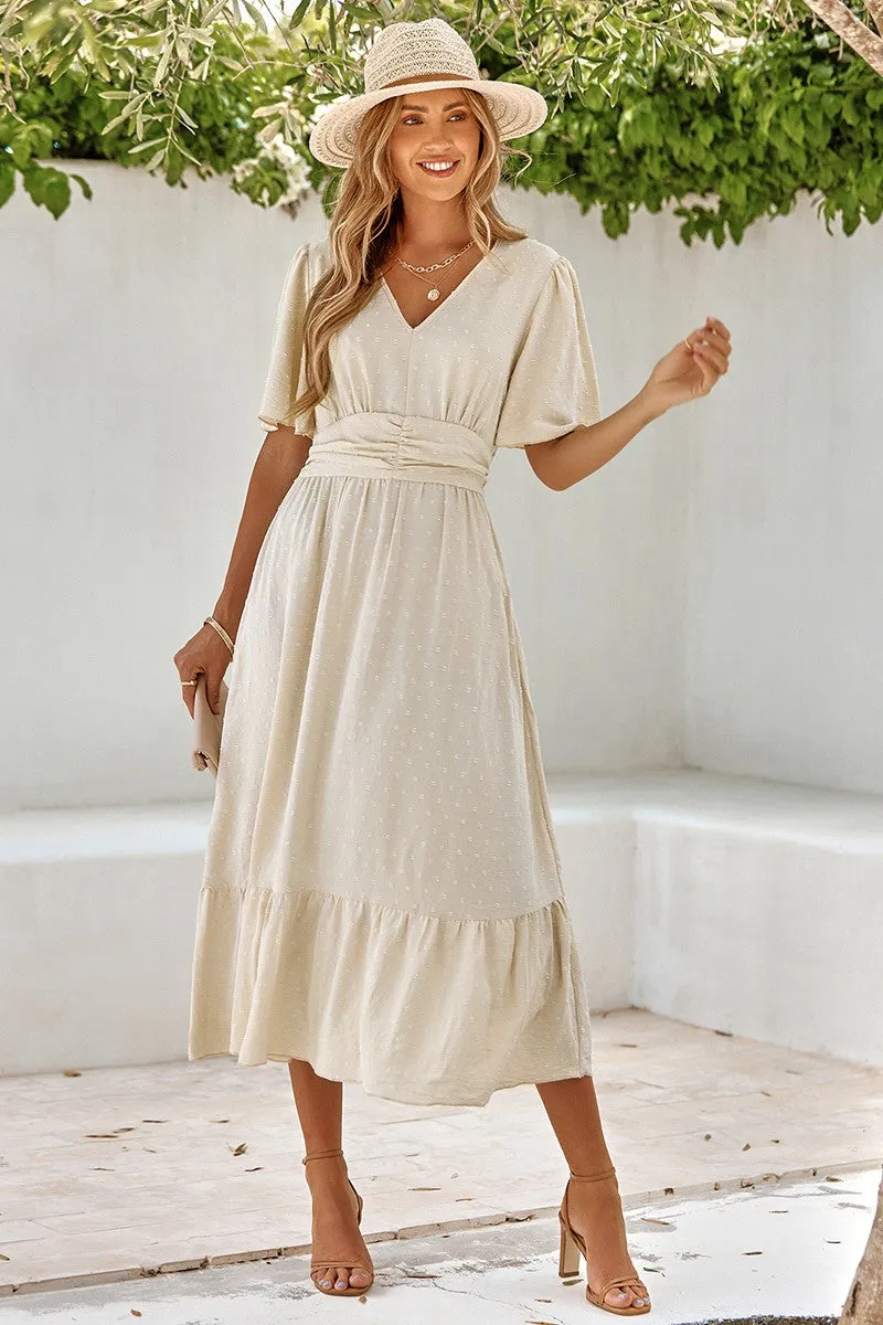 Textured Dotted V-Neck Belted Midi Dress