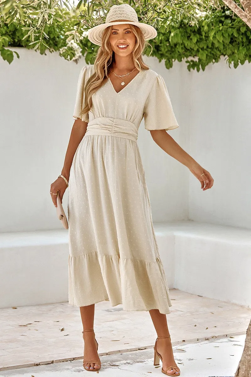 Textured Dotted V-Neck Belted Midi Dress