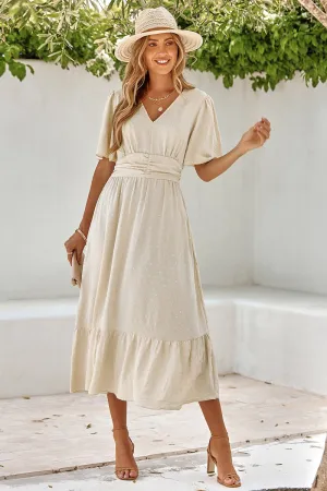 Textured Dotted V-Neck Belted Midi Dress