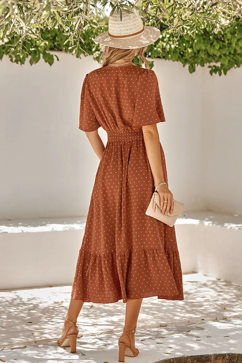 Textured Dotted V-Neck Belted Midi Dress