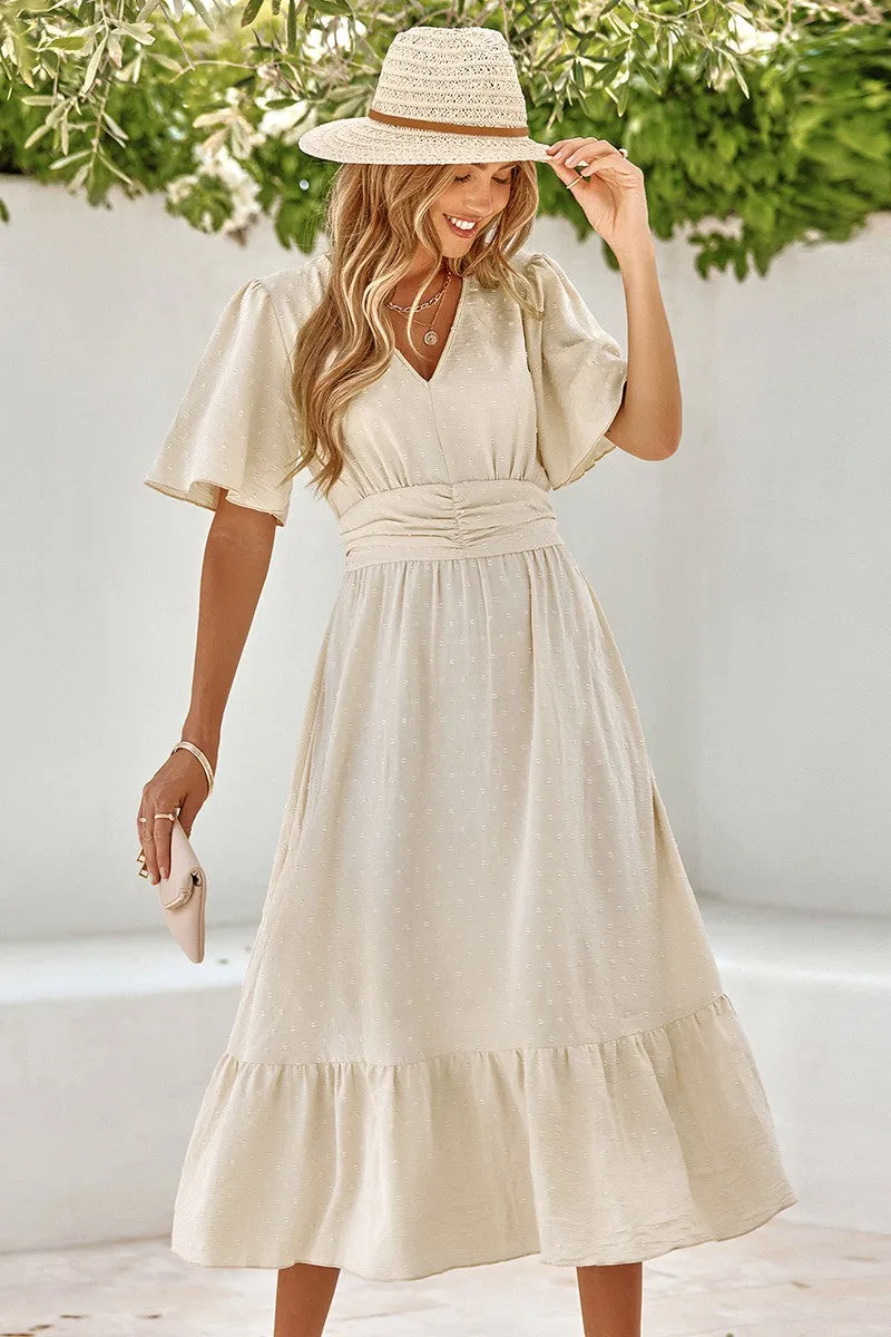 Textured Dotted V-Neck Belted Midi Dress