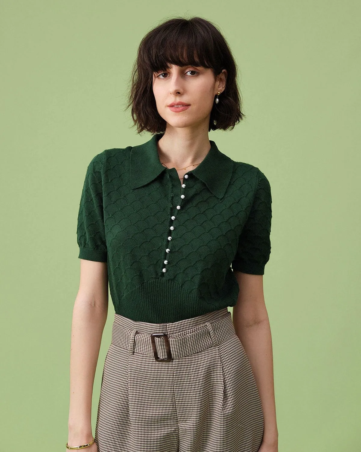 The Green Short Sleeve Textured Lapel Knit Tee