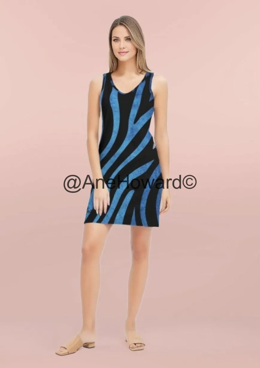 True Blue Zebra Women's Rib Knit V Neck Mini Dress