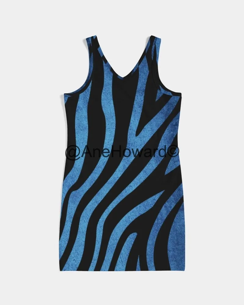 True Blue Zebra Women's Rib Knit V Neck Mini Dress